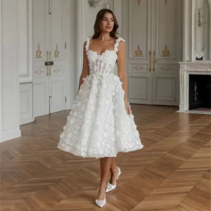 Elegant White Short Wedding Party Dress for Woman Knee Length Corset Prom Dress Flower Applique Spaghetti Strap Evening Dress