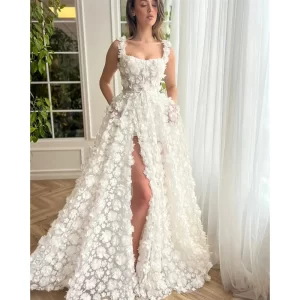 Romantic 3D Floral Wedding Dresses for Dreamy Wedding Party Dress Square Neck High Slit Evening Dress A-line White Tulle Dress